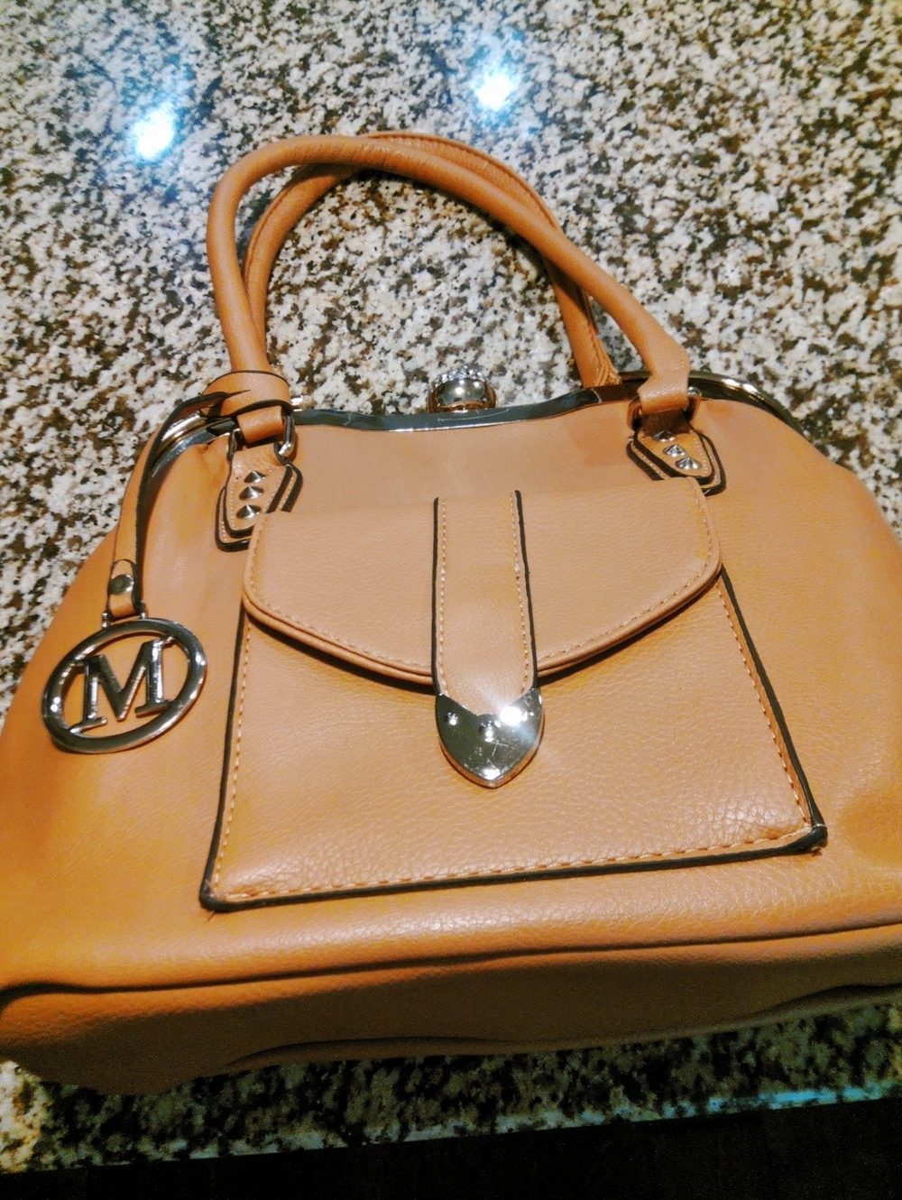 Women’s Tan Satchel Handbag with Front Pocket With Kiss Lock